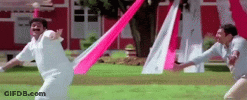 Two Men Are Playing A Game Of Cricket With A Pink And White Flag . GIF