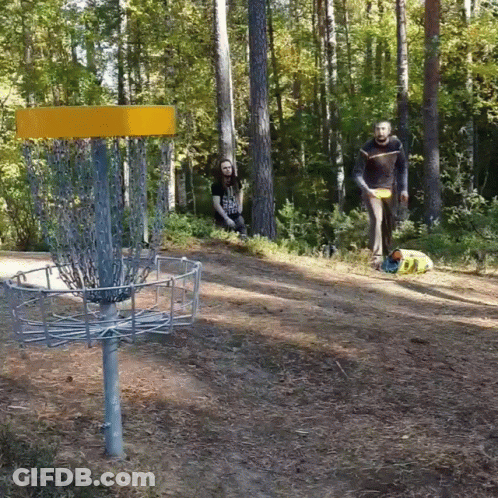 Two Men Are Playing Frisbee Golf In The Woods And One Of Them Is Wearing A T-Shirt That Says ' A ' GIF