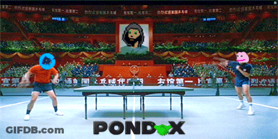 Two Men Are Playing Ping Pong And The Word Pond X Is On The Floor GIF