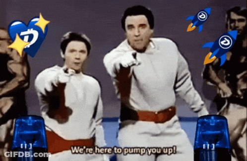 Two Men Are Pointing At The Camera With The Words We 'Re Here To Pump You Up Behind Them GIF