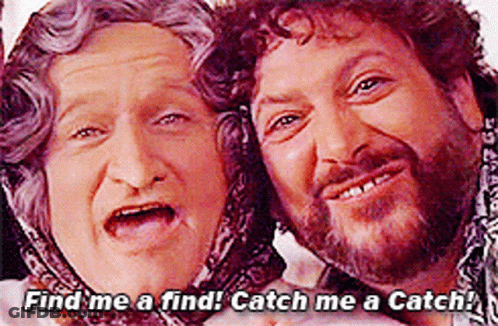 Two Men Are Posing For A Picture With The Words Find Me A Find Catch Me A Catch Written Below Them GIF