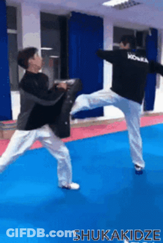 Two Men Are Practicing Martial Arts On A Blue Mat And One Of Them Has The Word Honma On His Back GIF