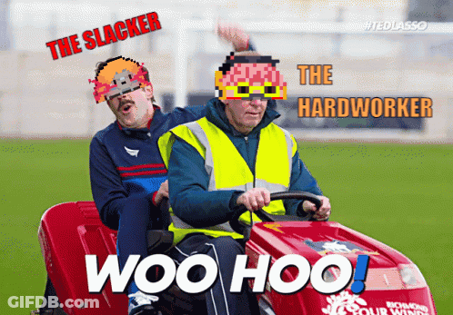 Two Men Are Riding A Lawn Mower With The Words " Woo Hoo " On The Front GIF