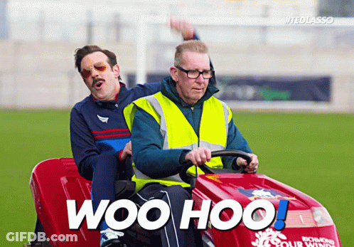 Two Men Are Riding On A Lawn Mower With The Words Woo Hoo On The Side GIF