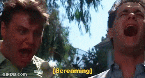 Two Men Are Screaming With The Word Screaming In Yellow Letters GIF