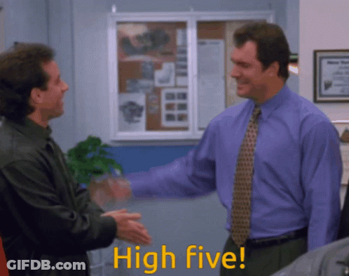 Two Men Are Shaking Hands And The Words High Five Are On The Bottom GIF