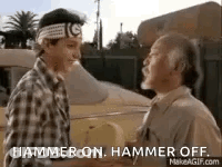 Two Men Are Shaking Hands In Front Of A Car And One Of Them Is Saying `` Hammer On . Hammer Off . '' GIF