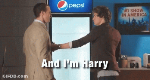 Two Men Are Shaking Hands In Front Of A Pepsi Refrigerator GIF