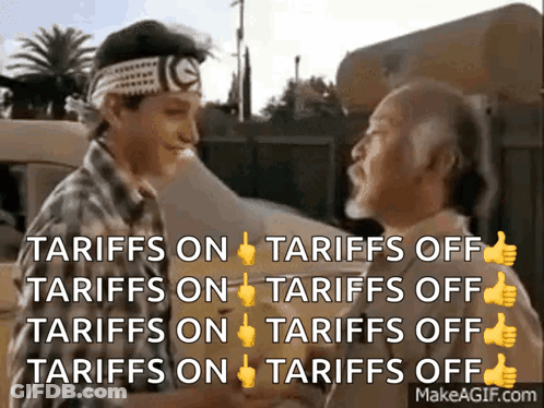Two Men Are Shaking Hands With The Words Tariffs On Tariffs Off On The Bottom GIF
