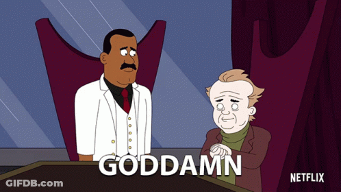 Two Men Are Sitting At A Table And The Word Goddamn Is On The Screen GIF