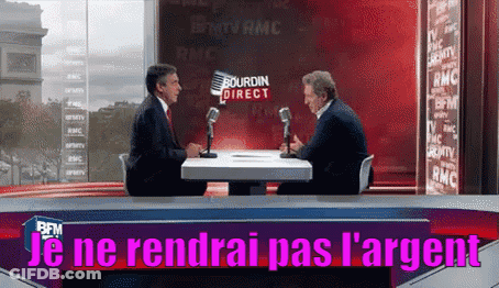Two Men Are Sitting At A Table In Front Of Microphones And The Words Je Ne Rendrai Pas L'argent Are Above Them GIF