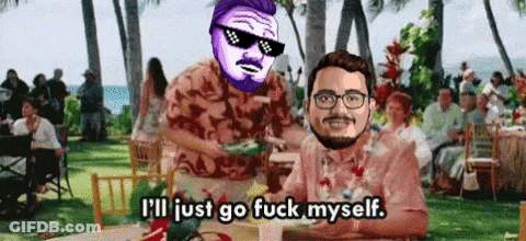 Two Men Are Sitting At A Table With One Wearing Sunglasses And The Other Wearing A Hawaiian Shirt And Glasses . GIF