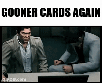 Two Men Are Sitting At A Table With The Words Gooner Cards Again On The Bottom GIF