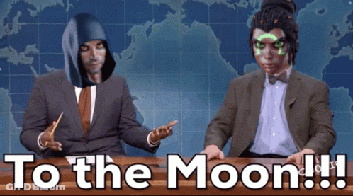 Two Men Are Sitting At A Table With The Words To The Moon Written On The Bottom GIF