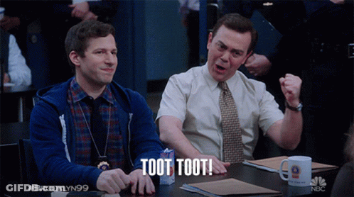 Two Men Are Sitting At A Table With The Words Toot Toot Written On The Table GIF