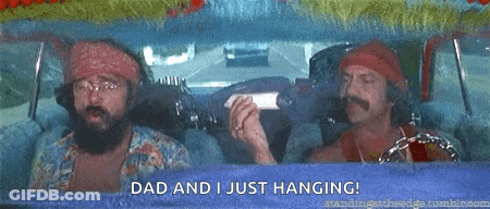 Two Men Are Sitting In A Car And One Of Them Is Saying Dad And I Just Hanging ! GIF