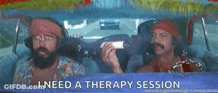 Two Men Are Sitting In A Car With The Words I Need A Therapy Session Written On The Screen . GIF