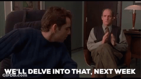 Two Men Are Sitting In Chairs And One Of Them Says We 'Ll Delve Into That Next Week GIF