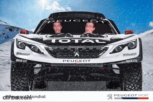 Two Men Are Sitting In Front Of A Peugeot Total Vehicle GIF