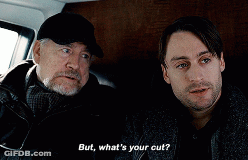 Two Men Are Sitting Next To Each Other And One Of Them Is Asking The Other What 'S Their Cut GIF