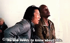 Two Men Are Sitting Next To Each Other In A Room And One Of Them Is Saying `` No One Needs To Know About This . '' GIF