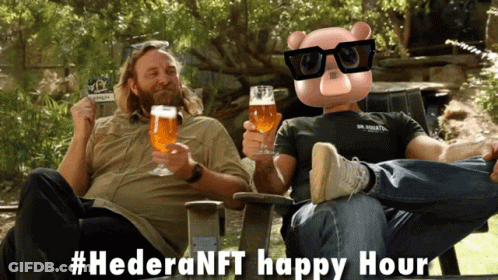 Two Men Are Sitting On A Chair Holding Glasses Of Beer And A Sign That Says #Hederanft Happy Hour GIF