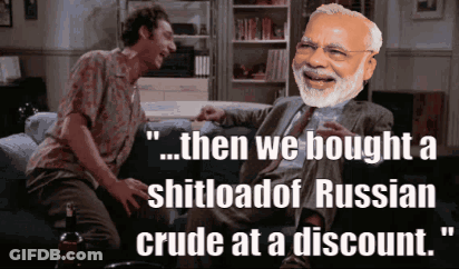 Two Men Are Sitting On A Couch And One Of Them Says Then We Bought A Shitload Of Russian Crude At A Discount " GIF
