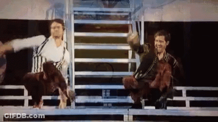 Two Men Are Sitting On A Stage With Their Arms Outstretched And A Dog In The Background . GIF