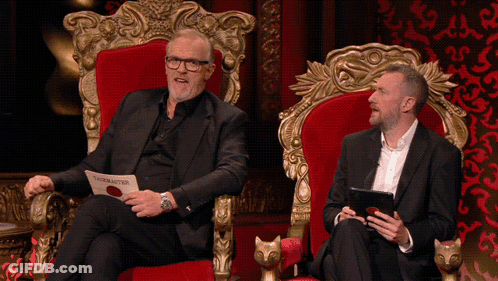 Two Men Are Sitting On A Throne And One Of Them Is Holding A Piece Of Paper That Says ' The Master ' On It GIF