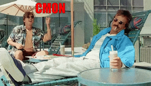Two Men Are Sitting On Lawn Chairs With The Word Cmon In Red GIF