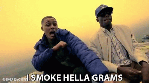 Two Men Are Sitting On Top Of A Rock And One Of Them Is Saying I Smoke Hella Grams . GIF