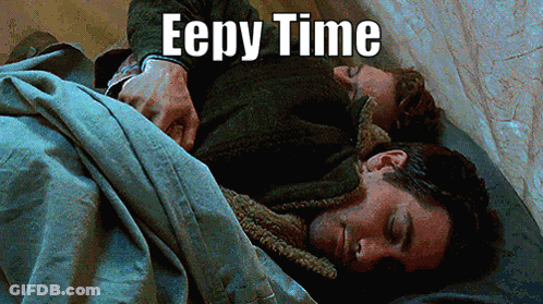 Two Men Are Sleeping Next To Each Other With The Caption Eepy Time GIF