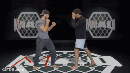 Two Men Are Standing In A Ring With The Word Mad In The Background GIF