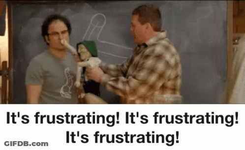 Two Men Are Standing In Front Of A Chalkboard With The Words It 'S Frustrating GIF