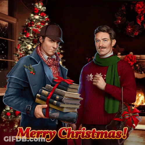 Two Men Are Standing In Front Of A Christmas Tree And The Words Merry Christmas GIF