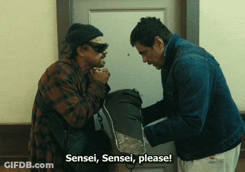 Two Men Are Standing In Front Of A Door And One Of Them Says Sensei Please GIF