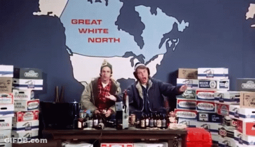 Two Men Are Standing In Front Of A Large Map That Says Great White North GIF