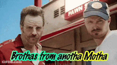 Two Men Are Standing In Front Of A Pawn Shop With The Words Broths From Another Motha GIF