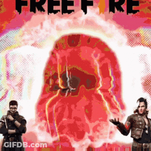 Two Men Are Standing In Front Of A Red Skull With The Words Free Fire Written On It GIF