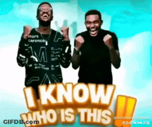Two Men Are Standing In Front Of A Sign That Says I Know Who Is This .. GIF