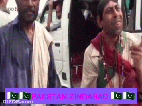 Two Men Are Standing In Front Of A White Van With The Words Pakistan Zindabad On The Bottom Right GIF