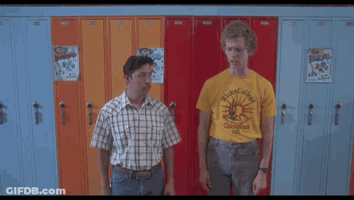 Two Men Are Standing In Front Of Lockers And One Of Them Is Wearing A Yellow Shirt That Says Rick College GIF