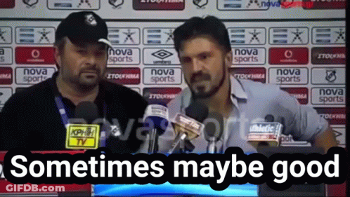Two Men Are Standing In Front Of Microphones And The Words Sometimes Maybe Good Are Above Them GIF