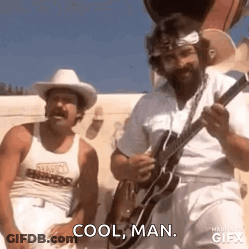 Two Men Are Standing Next To Each Other And One Of Them Is Holding A Guitar . GIF