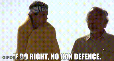 Two Men Are Standing Next To Each Other And One Of Them Is Saying `` If Do Right , No Can Defence '' . GIF