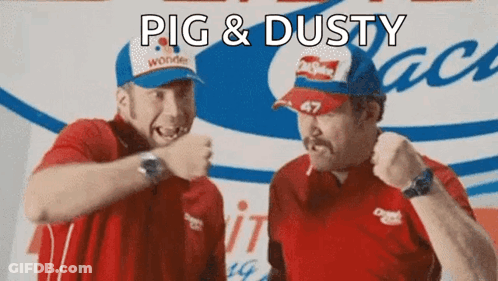 Two Men Are Standing Next To Each Other And One Of Them Is Wearing A Hat That Says Pig & Dusty On It . GIF