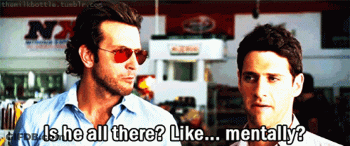 Two Men Are Standing Next To Each Other And One Of Them Says " Is He All There " GIF