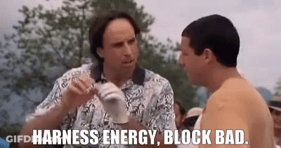 Two Men Are Standing Next To Each Other And Talking About Harness Energy , Block Bad . GIF