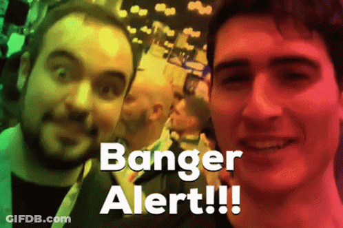 Two Men Are Standing Next To Each Other And The Words Banger Alert Are On The Bottom GIF