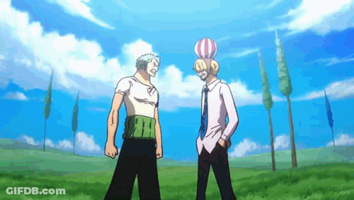 Two Men Are Standing Next To Each Other In A Grassy Field . GIF